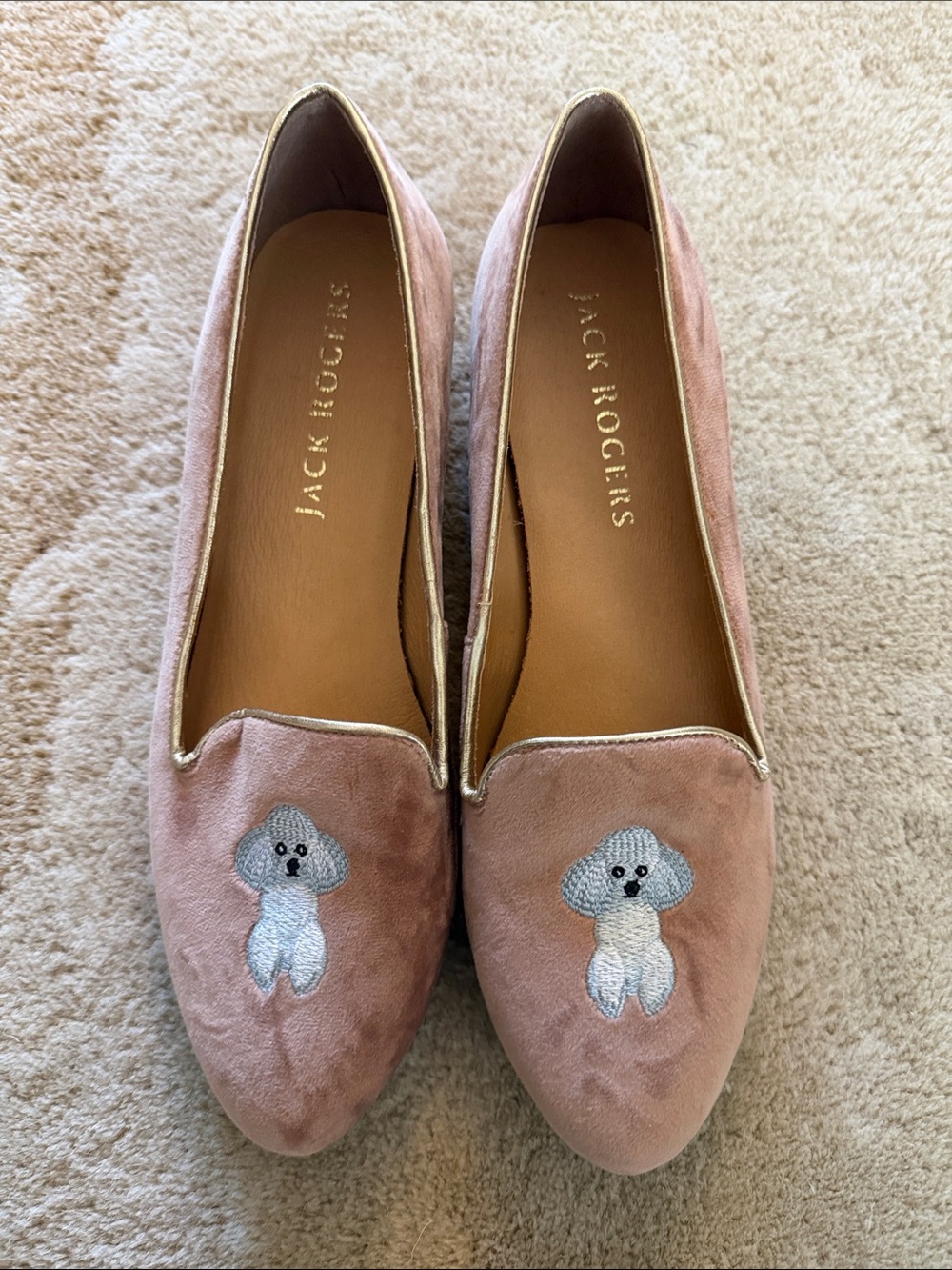 Jack Rogers Pink Velvet Loafers with Embroidered Poodle
